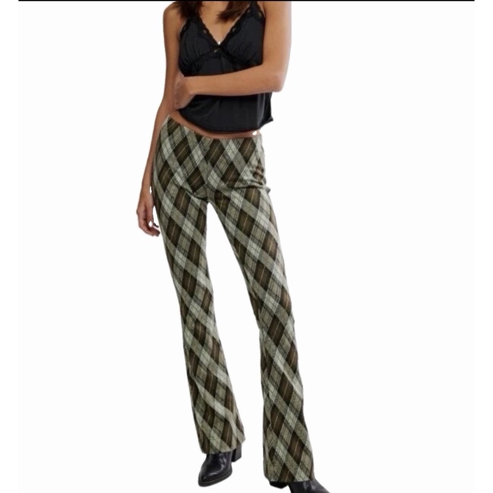 Free People Chloe Pants Sz S Plaid Flare Leg Knit Trouser Trousers Argyle Olive